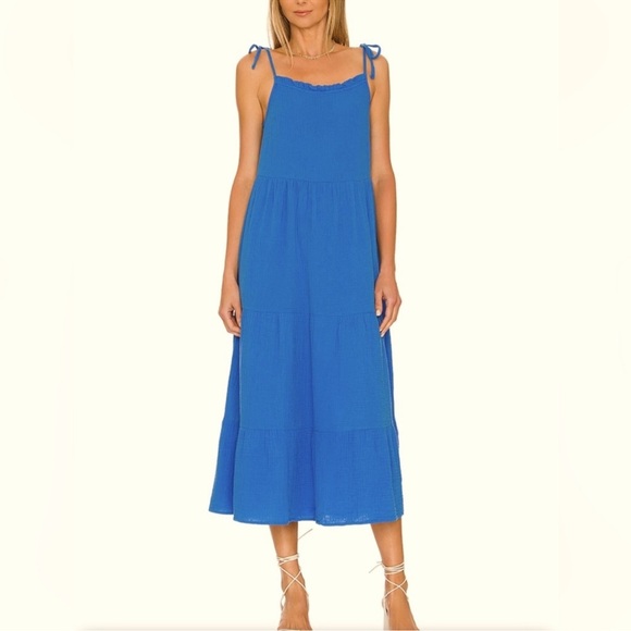 RAILS Valeria Midi Dress Palace Blue Soft Cotton Gauze Pockets Tie Shoulder S - Picture 1 of 9